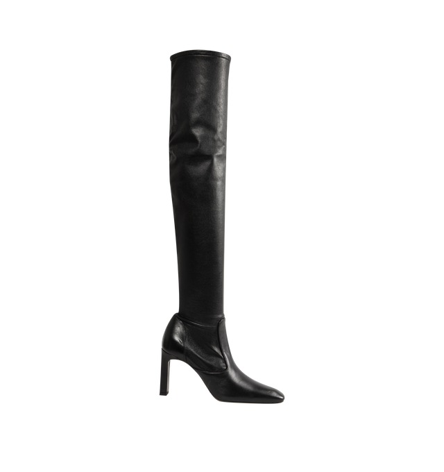 Image 1 of 4 - BLACK - Toteme Women's Nappa Over-the-Knee Boots are crafted from soft stretch Nappa leather and feature a contoured, second-skin silhouette that extends above the knee. Designed with a short side zipper and stretch neoprene lining for a close fit, these designer boots are set on a sculptural bar-shaped, set-back heel and finished with a leather insole and sole. Main Material: 100% Lamb Leather. Lining: 100% Sheep Leather. Sole: 100% Cow Leather. Heel Height: 85 mm / 3.3 in. Closure: Side Zip
