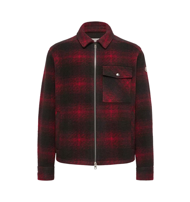 Image 1 of 1 - RED - Moncler Men's Plaid Jersey Zip-Up Shirt is crafted from a polyester, wool, and acrylic blend jersey with a check-knit pattern that echoes the structured look and feel of traditional felt. Designed as a versatile layering piece, this designer shirt features a classic collar, zip-front closure, snap-button side pockets, a snap-button chest pocket, adjustable cuffs, and a signature Moncler logo patch. Exterior: 82% Polyester, 13% Wool, 5% Acrylic. Closure: Zipper. Pockets: Snap-Button Side
