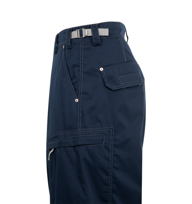 Image 3 of 3 - NAVY - BALENCIAGA Utility Work Pants featuring mixed cotton twill, covered zip fly, 5 belt loops, contrasting tabs and zipper pulls, 2 slash pockets at front, 2 small slash pocket at front, 2 zipped cargo pockets, 2 micro utility pockets at ankles, 2 patch pockets at back, 1 below the knee zip to remove pants bottom and Loop Sports Icon embroidey on left side pocket. 65% polyester, 35% cotton. Made in Italy.