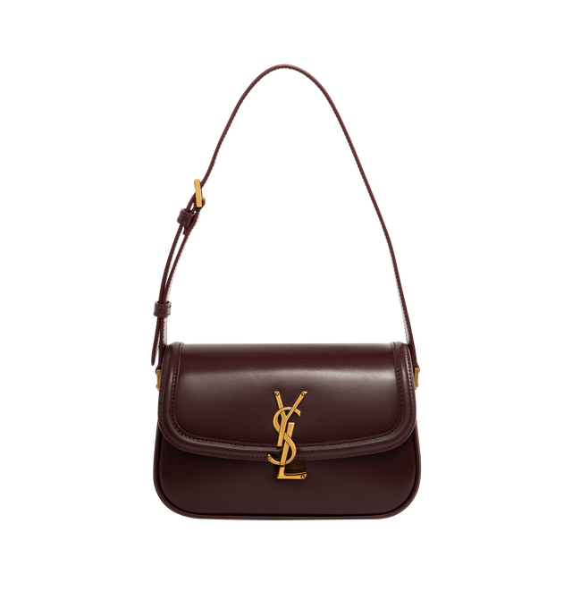 Image 1 of 3 - RED - SAINT LAURENT Solferino Mini Bag featuring box leather with a CASSANDRE closure, fully lined in leather, rounded lines, an adjustable strap for shoulder wear and bronze-tone hardware. 7.5" x 4.7" x 3". Calfskin. Made in Italy.