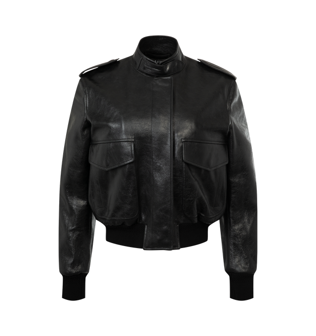 Image 1 of 2 - BLACK - Tom Ford Women's Leather Aviator Jacket is crafted from natural grain lamb leather and features a stand collar with an embossed T-detailed extension, front button closure, front patch pockets, and wool knit cuffs and hem. This designer leather aviator jacket combines a timeless silhouette with refined utility-inspired details for elevated everyday wear. Main Material: 100% Lamb Leather. Lining: 100% Viscose; Details: 100% Cotton. Made in Italy.