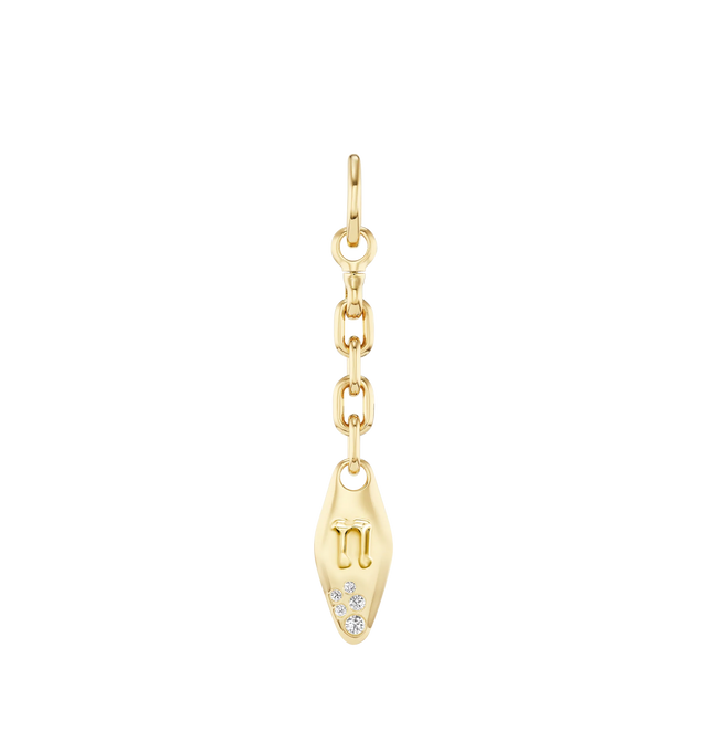 Image 2 of 2 - GOLD - VESSEL CHARM Vessel Charm featuring 18K yellow gold vessel has an embossed letter on the front alongside round, white scattered diamonds. Total length: 2 3/8". 18K yellow gold and diamond vessel: 7/8" x 3/8". Diamonds vary: 1mm diameter to 2.5mm diameter each .14cttw. 18K yellow gold bale. Hirshleifers offers a range of initial pieces from this collection in-store. For personal consultation and detailed information about jewelry, please contact our dedicated stylist team at personal