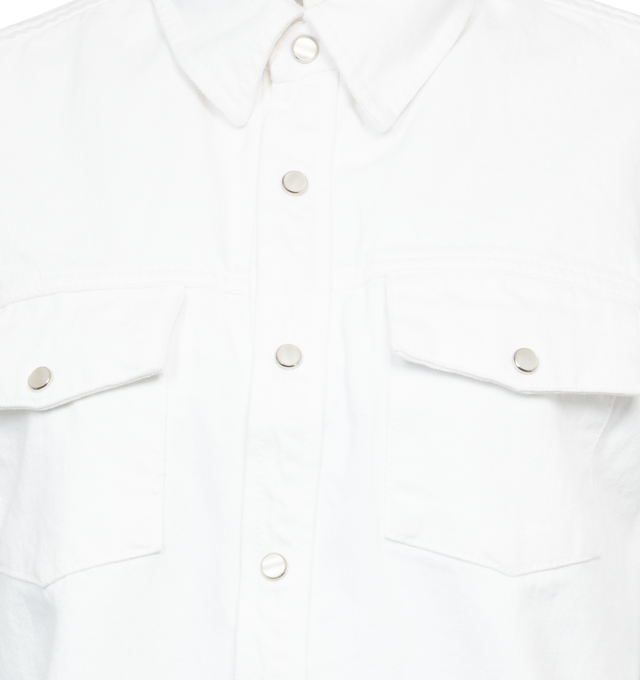 Image 3 of 3 - WHITE - WARDROBE.NYC Cropped Denim Jacket featuring classic collar, front press-stud fastening, drop shoulder, long sleeves, press-stud fastening cuffs, two button-fastening chest pockets, curved hem and cropped. 