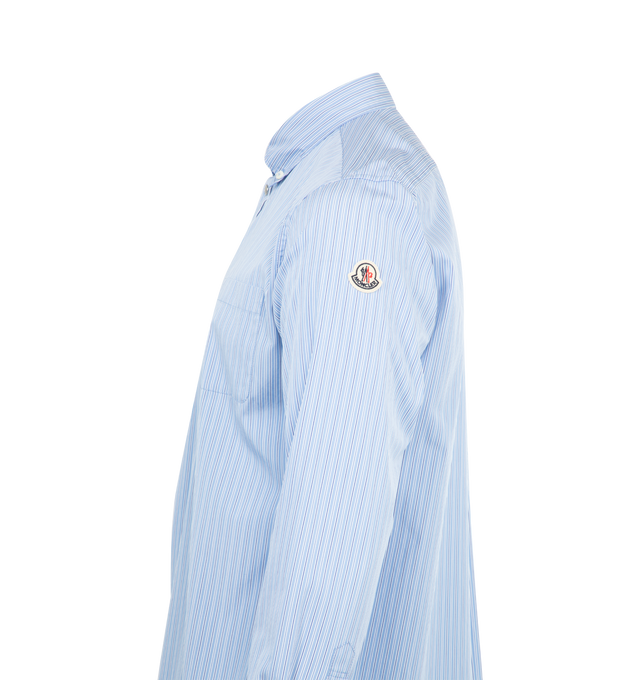 Image 3 of 3 - BLUE - MONCLER Striped Oxford Cotton Shirt featuring striped Oxford cotton, collar with mother-of-pearl button closure, long sleeves, snap button closure, chest pocket, adjustable cuffs and logo patch. 100% cotton.