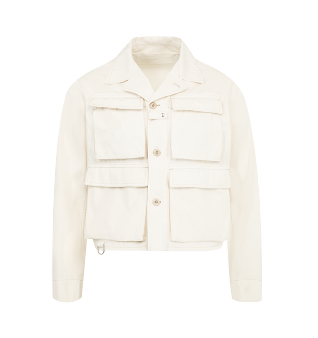 Image 1 of 3 - WHITE - LEMAIRE Compact Cotton Twill Short Utility Jacket featuring front button closure, button cuffs, 4-pocket styling and midweight twill fabric. 100% cotton. Made in Italy.