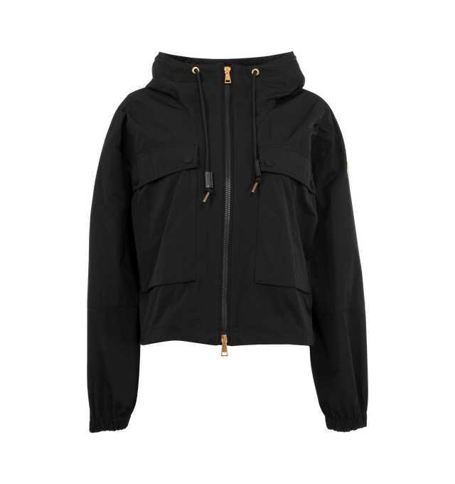 Image 1 of 3 - BLACK - MONCLER Sauvan Parka featuring technical poplin lining, adjustable hood, snap button and zip closure, patch pockets, adjustable cuffs and hem with elastic drawstring fastening. 60% polyester, 40% cotton.