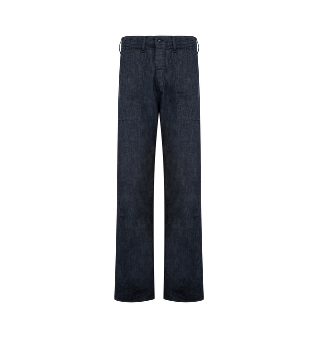 Image 1 of 3 - BLUE - FULLCOUNT USN Seamen's Trousers featuring 8oz. Zimbabwe cotton denim, wide silhouette with a deep rise, authentic vintage-style urea buttons with thread channels, belt loops at waist and relaxed fit. Cotton. Made in Japan.