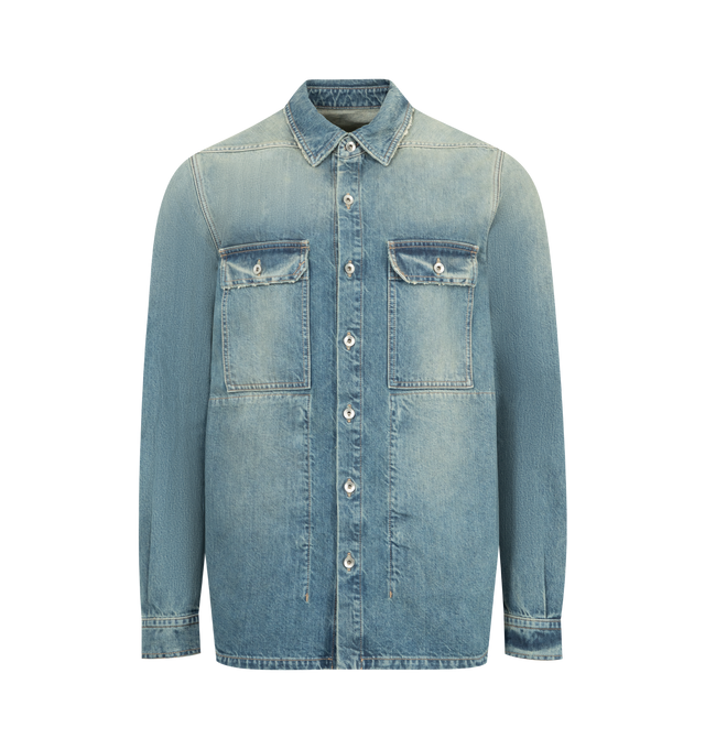 Image 1 of 2 - BLUE - DRKSHDW Denim Overshirt featuring 13 oz non-stretch denim overshirt, fading and subtle distressing throughout, spread collar, button closure, flap pockets at chest, shirttail hem, buttoned barrel cuffs, riveted webbing strap at back yoke and integrated logo-woven strap at interior side seam. 100% cotton. Made in Italy.