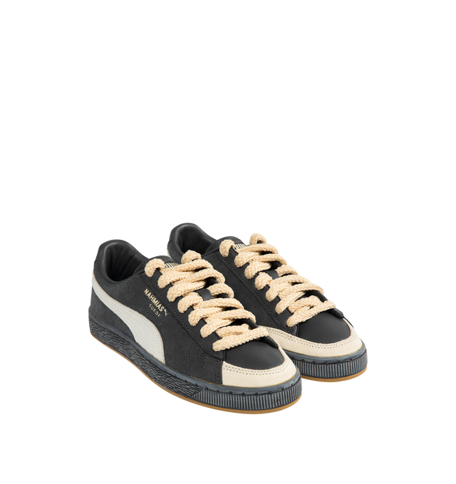Image 2 of 5 - GREY - PUMA x NAHMIAS Suede Vintage Sneakers featuring a distressed leather formstrip and trim, crochet laces, PUMA x Nahmias friendship lace beads, a Lets Be Friends" interior graphic and rounded toe.