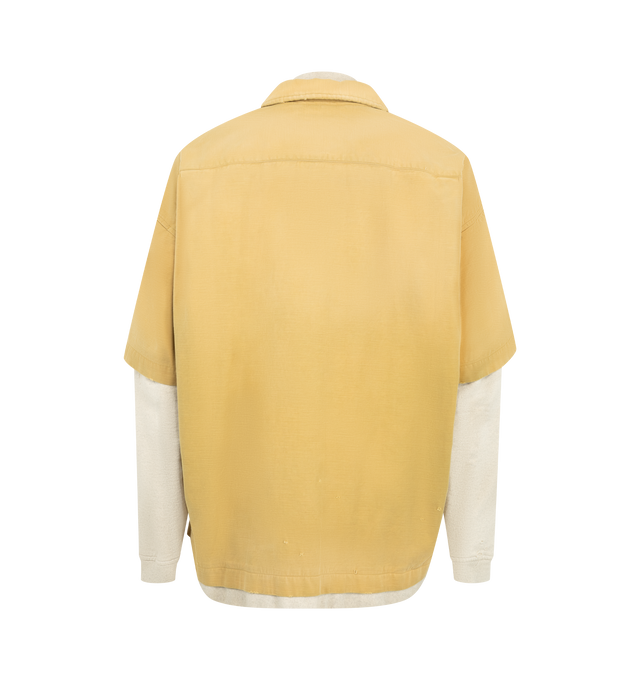 Image 2 of 2 - YELLOW - Maison Mihara Yasuhiro Layered-Design Sweatshirt Jacket is crafted from cotton and features a layered construction, embroidered slogan detailing at the front, a button-front closure, and a classic collar. Designed with a workwear-inspired silhouette, this statement piece combines textured layering with the brand's signature graphic aesthetic. Main Material: 100% Cotton.