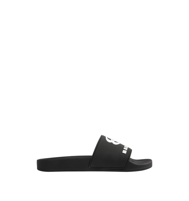 Image 1 of 4 - BLACK - BALENCIAGA Pool Slide Sandal featuring molded rubber footbeds, unity sports icon artwork on the strap and tone-on-tone sole and insole. Upper: polyurethane. Sole: EVA. Made in Italy.