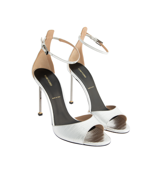 Image 2 of 4 - SILVER - TOM FORD Tejus Snake Print Laminated Leather Sandal featuring adjustable ankle strap, square metal stiletto heel and leather sole. 80% leather, 12% st, 8% brass. Made in Italy.