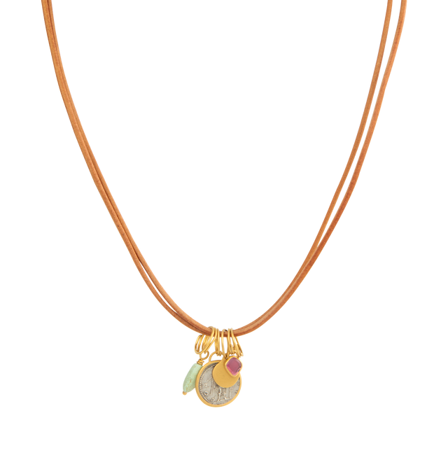 Image 1 of 1 - GOLD - ELI HALILI Leather Cord Necklace featuring Ancient Roman Silver Denarius of Emperor Hadrian 125-128 AD, Ruby pendant .66ct rose cut, gold pebble shaped pendant and Turquoise pendant on leather cord. 23" length. Hirshleifers offers a range of initial pieces from this collection in-store. For personal consultation and detailed information about jewelry, please contact our dedicated stylist team at personalshopping@hirshleifers.com. This item may be restricted for online purchase to inte