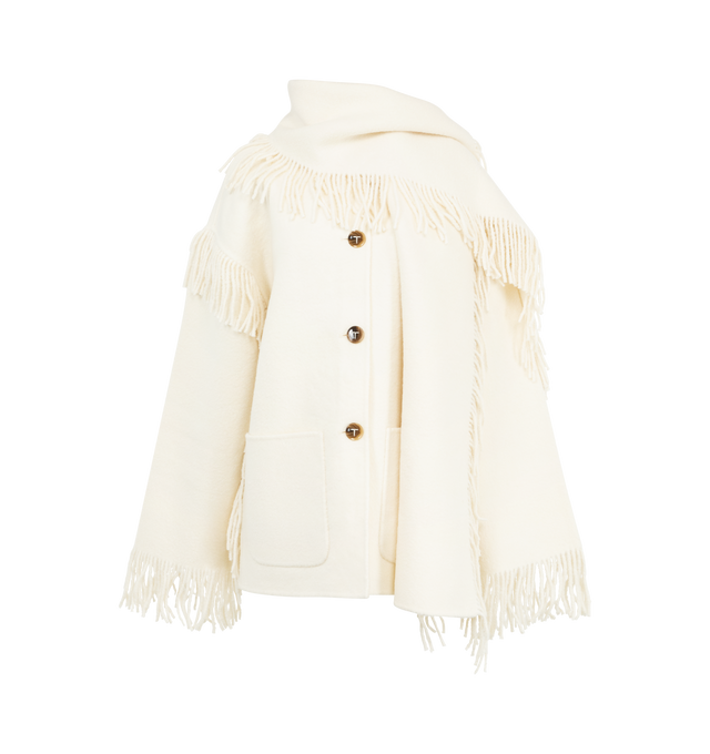 Image 1 of 3 - WHITE - TOTEME Fringed Scarf Jacket featuring an attached scarf, oversized fit, made from heavyweight felt and button fastening. 68% RWS wool, 20% recycled wool, 12% recycled polyester