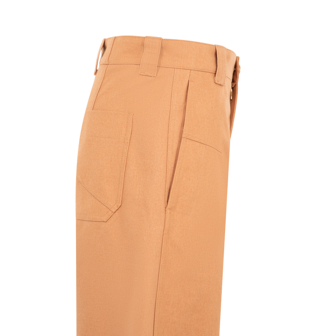 Image 3 of 3 - ORANGE - Chlo Womens Barrel Pants are crafted from organic cotton canvas. Feature a relaxed wide-leg barrel silhouette, front zip closure with Horse Medal button, water buffalo horn back button, belt loops, side pockets, and back pockets. Main Material: 100% Organic Cotton; Pocket Lining: 100% Cotton; Back Button: 100% Water Buffalo Horn. Made in Italy.