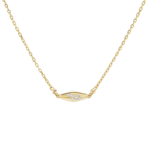 Image 3 of 3 - GOLD - Uniform Object Mini Vessel Necklace featuring 21.25 g of solid 18K yellow gold with a 22.5 g 18K yellow gold chain, a 1.75 ct emerald-cut emerald, and 1.47 TCW round diamond clusters. Handcrafted in New York City. Hirshleifers offers a range of pieces from this collection in-store. For personal consultation and detailed information about jewelry, please contact our dedicated stylist team at personalshopping@hirshleifers.com.