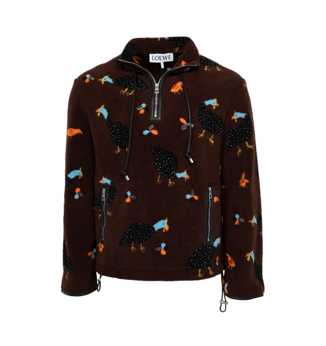 Image 1 of 3 - BROWN - LOEWE Anorak featuring relaxed fit, regular length, all over jacquard Guinea Fowl motifs at the front and back, high neck with zip fastening and leather drawstring, zipped welt pockets, elasticated hem and LOEWE Anagram embossed leather patch placed at the back. Polyester/Acetate. 