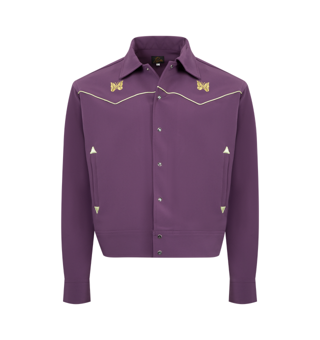Image 1 of 3 - PURPLE - NEEDLES Piping Cowboy Jacket featuring snap button closure, piping details at yoke and cuffs, embroidered logo at chest and rear and two side pockets. 89% polyester, 11% polyurethane. Made in Japan.