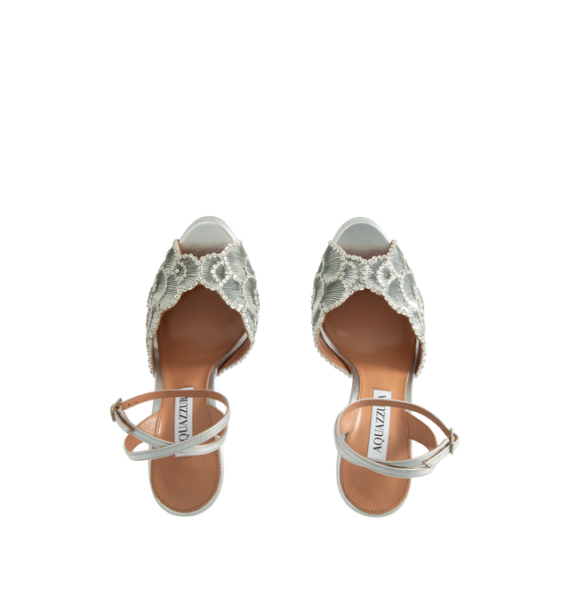Image 4 of 4 - SILVER - Aquazzura Women's Ce Soir Sandal Plateau 130 is crafted from leather and features an adjustable buckle closure, a platform sole, and a block heel. Designed with a padded leather insole and signature logo detailing, this elevated sandal combines comfort and statement proportions. Main Material: Leather. Insole: Padded Leather. Heel Height: 130 mm / 5.1 in. Closure: Adjustable Buckle Strap. Heel: Block Heel. Details: Signature Logo Detailing. Made in Italy.