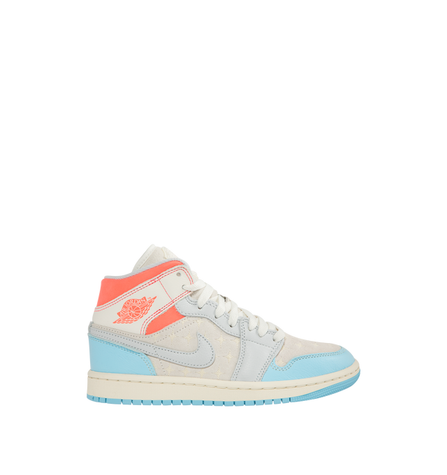 Image 1 of 5 - BLUE - JORDAN Air Jordan 1 Mid Sneaker featuring leather, synthetic leather and textile upper, foam midsole, Nike Air cushioning and rubber outsole with pivot circle.