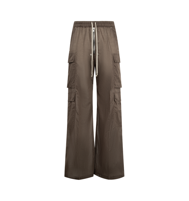 Image 1 of 3 - BROWN - RICK OWENS Cargobelas Pants featuring full-length, a low crotch, wide leg, elasticized waistband with drawstring, a bela exposed center zipper with two snap detail at bottom, side welt pockets with rivet and eyelet detail, four beveled cargo pockets on the side leg and two rear welt pockets with concealed snaps and topstitching. Made in Italy.