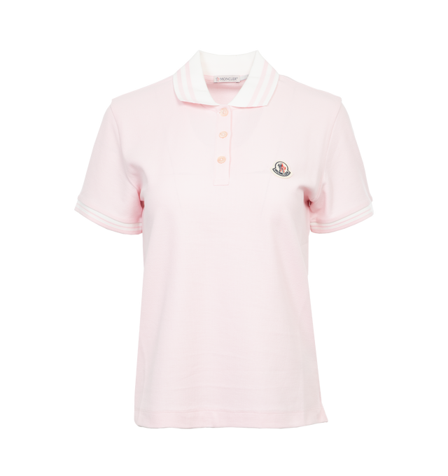 Image 1 of 3 - PINK - MONCLER Logo Patch Polo Shirt featuring cotton piquet, collar with button closure, short sleeves and felt logo patch. 100% cotton. 