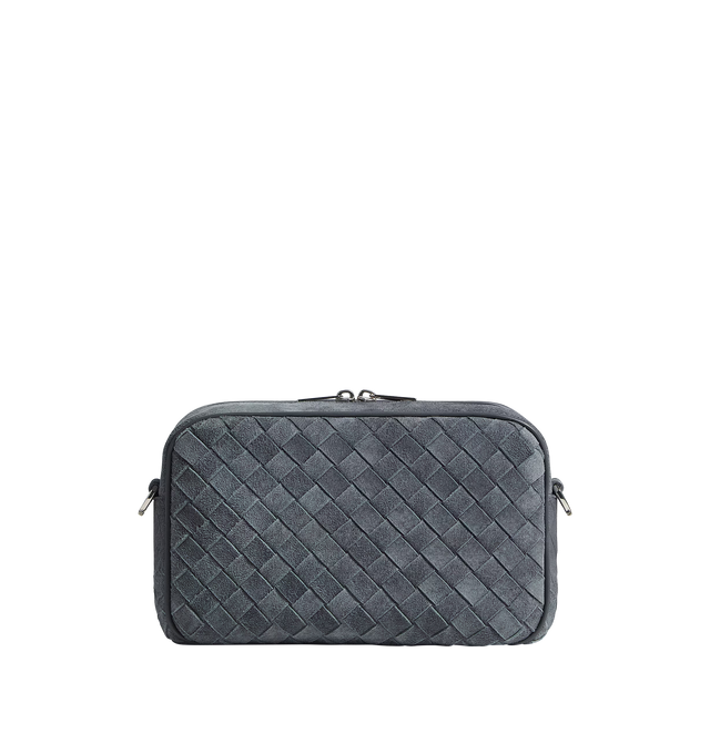 Image 1 of 3 - GREY - BOTTEGA VENETA Small Intrecciato Camera Bag featuring small Intrecciato suede leather cross-body bag with denim effect, detachable strap and metal D-ring, one interior flat pocket and zipper closure. Lambskin. Lining: canvas. Made in Italy.