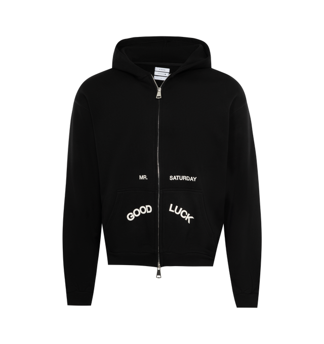 Image 1 of 2 - BLACK - MR. SATURDAY Core Hoodie featuring standard fit, zip front closure, two pockets, hood and screen printed graphic on front and back. 100% cotton.  