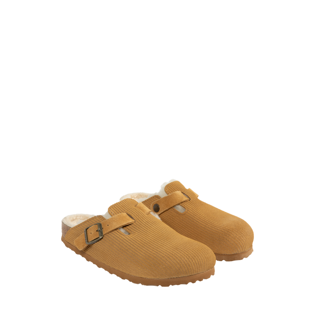 Image 2 of 4 - BROWN - BIRKENSTOCK Boston Teddy Shearling Clog featuring contoured footbed, embossed suede upper, genuine teddy shearling footbed lining, flexible EVA sole and adjustable strap with metal pin buckle. Made in Germany.