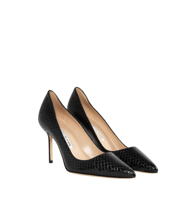 Image 2 of 4 - BLACK - MANOLO BLAHNIK BB Snake-Embossed Stiletto Pumps featuring pointed toe, slip-on style and leather outsole. 90MM. 100% leather. Made in Italy. 