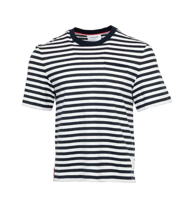 Image 1 of 3 - NAVY - THOM BROWNE Striped Linen Pocket T-Shirt featuring classic horizontal stripes, chest pocket, crewneck, short sleeves and pulls over. 96% linen, 4% elastane. Made in Italy. 