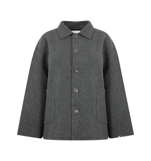 Image 1 of 3 - GREY - EXTREME CASHMERE Maker Jacket featuring double-faced cashmere, two patch pockets, a pointed collar and five button closure in corozo. 70% wool, 30% cashmere.