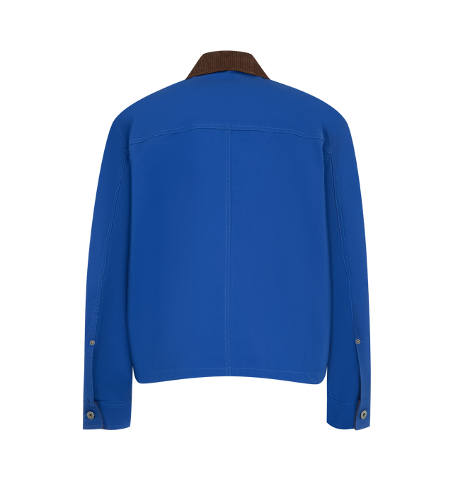 Image 2 of 3 - BLUE - LOEWE Workwear Jacket in lightweight cotton canvas featuring a corduroy-effect embossed suede classic collar, regular fit, regular length, button front fastening, front welt pockets, contrasting brushed suede chest patch pocket, contrasting corduroy-effect suede buttoned cuffs, drawstring hem and double L embroidery placed on the chest pocket. Cotton. Made in Italy.