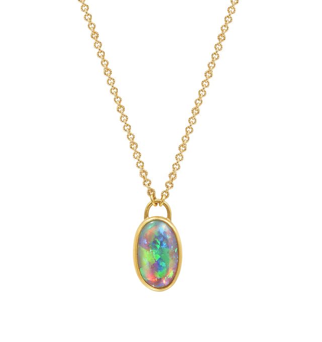 Image 1 of 1 - GOLD - Eli Halili Crystal Opal Necklace is handcrafted with a luminous crystal opal set in solid 22K yellow gold and suspended from a delicate 18K yellow gold chain. Designed and hand forged in New York, this designer fine jewelry necklace showcases Eli Halili's signature blend of ancient-inspired artistry and exceptional craftsmanship, creating an elegant statement piece with timeless appeal. Main Materials: 22K Yellow Gold, 18K Yellow Gold, and Crystal Opal. Gemstone: Approximately 4.96 Car