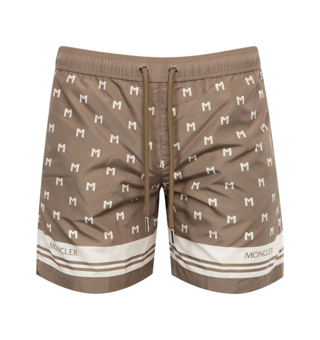 Image 1 of 3 - BROWN - MONCLER Monogram Print Swim Shorts featuring micro mesh lining, waistband with drawstring fastening, side pockets and back pocket. 100% polyester. Lining: 100% polyamide/nylon. Made in Albania. 