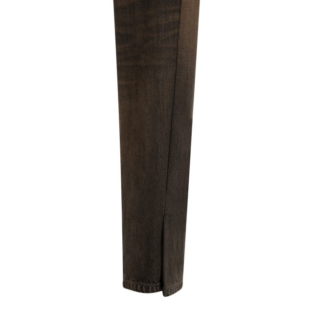 Image 4 of 4 - BROWN - Maison Mihara Yasuhiro Women's Folded 12oz Jeans are crafted from 12-ounce cotton denim and feature a cuffed hem, faded finish, elastic waistband with belt loops and an adjustable drawstring, plus side and back pockets. These designer denim jeans combine relaxed comfort with Maison Mihara Yasuhiro's signature contemporary aesthetic, creating a versatile silhouette for everyday wear. Main Material: 100% Cotton. Made in Japan.