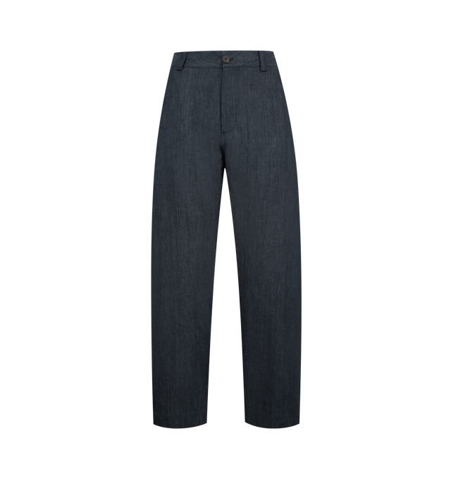 Image 1 of 3 - BLUE - STUDIO NICHOLSON Levy Pant featuring concealed fly and button fastening, belt loops, two side slash pockets and two rear patch pockets. 50% linen/flax, 50% cotton.