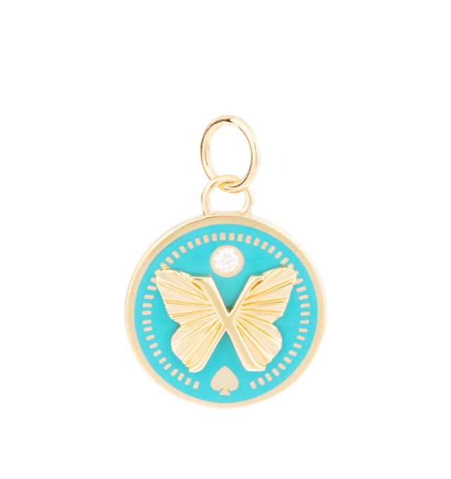 Image 2 of 2 - GOLD - FOUNDRAE Reverie Petite Ceramic Medallion with Oval Pushgate featuring 18k yellow gold, aqua ceramic with a three-dimensional spade and butterfly at it's center. Medallion Measures 15mm. Medallion Diamond Weight: 0.024 ct. Hirshleifers offers a range of pieces from this collection in-store. For personal consultation and detailed information about jewelry, please contact our dedicated stylist team at personalshopping@hirshleifers.com. This item may be restricted for online purchase to i