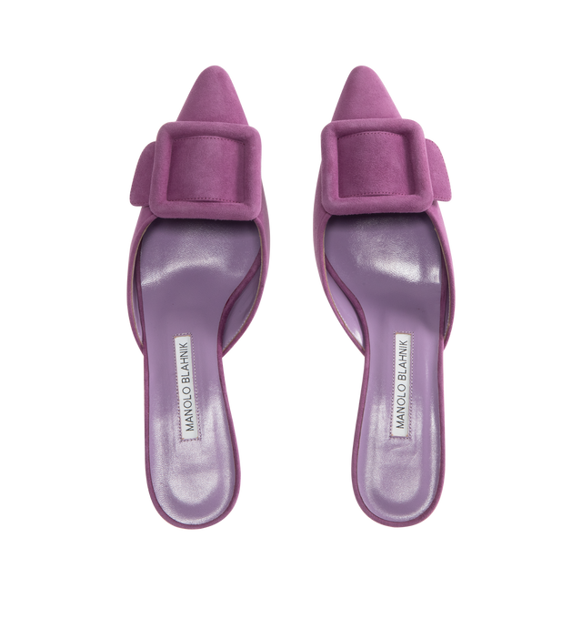 Image 4 of 4 - PURPLE - MANOLO BLAHNIK Maysale Suede Pointed Mules featuring suede buckle and kitten heel. 50mm. 100% leather. Made in Italy.