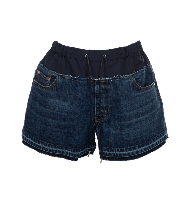 Image 1 of 4 - BLUE - SACAI Paneled Denim Shorts featuring paneled construction, drawstring at elasticized waistband, four-pocket styling, mock-fly, logo-engraved bronze and silver-tone hardware and contrast sticking in orange. 100% cotton. Trim: 60% cotton, 40% polyamide. Made in Japan. 