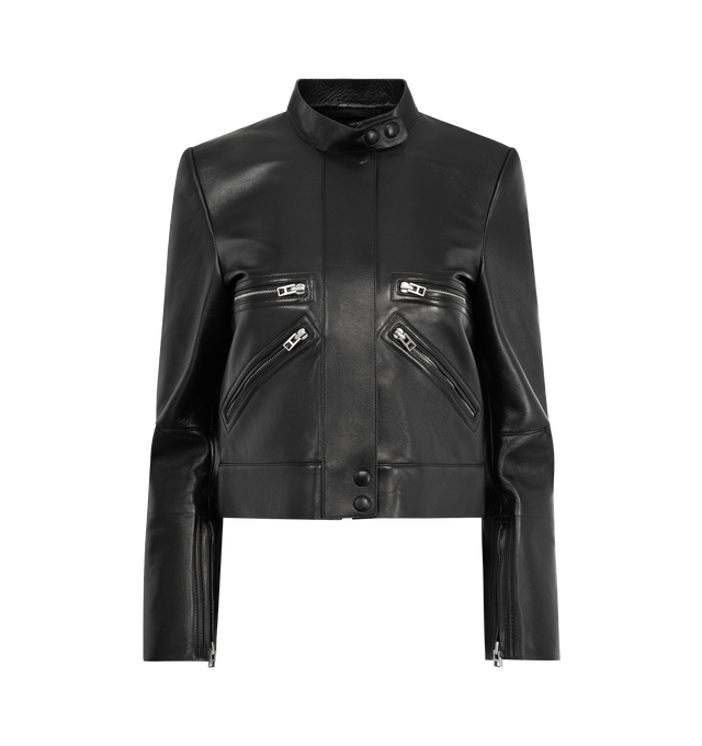 Image 1 of 4 - BLACK - TOM FORD Nappa Leather Racer Jacket featuring a sculpted racer jacket cut in supple nappa leather, a band collar and silver-tone zipped pockets. 100% lamb leather. Lining: 100% viscose. Made in Italy.