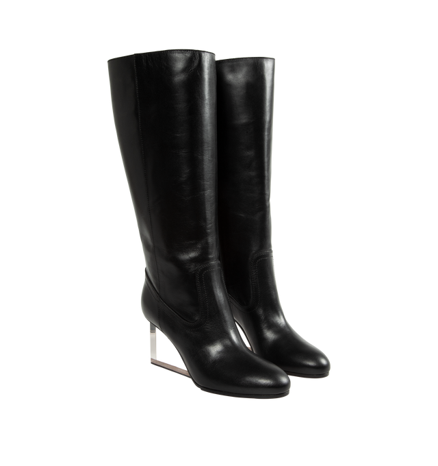 Image 2 of 4 - BLACK - Bottega Veneta Women's Knee-High Boots are crafted from leather and feature a knee-high silhouette, a pointed toe, a wedge heel, and a side zip closure. Designed with clean lines and a streamlined profile, this elevated style combines sculptural proportions with everyday wearability. Main Material: 100% Leather. Heel measures approximately 80mm / 3 inches. Made in Italy.