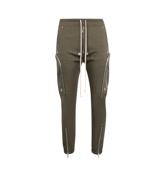 Image 1 of 3 - GREEN - RICK OWENS Bauhaus Cargo Pants featuring slim-fit, drawstring at elasticized waistband, four-pocket styling, exposed zip fly, rivets, eyelets, and press-stud hardware at front, zip vent at elasticized cuffs and zip pocket at outseams. 97% organic cotton, 3% elastane.