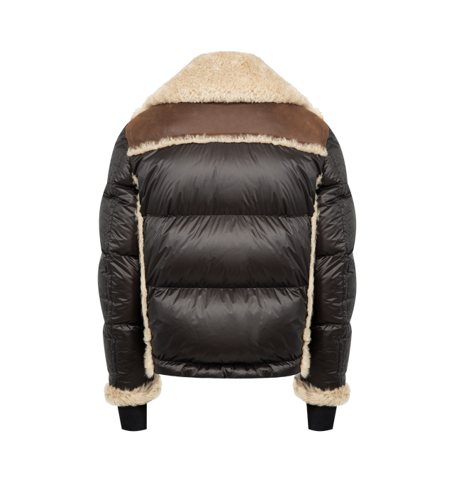 Image 2 of 3 - BROWN - MONCLER GRENOBLE Argens Leather & Shearling Short Down Jacket featuring nappa leather, polyester lining, shearling trim, down-filled, adjustable collar with buckle and snap button closure, corduroy back, zipper closure, zipped pockets and stretch jersey wrist gaiters. 98% cotton, 2% elastane/spandex. Lining: 100% polyester. Padding: 90% down, 10% feather. Made in Italy.