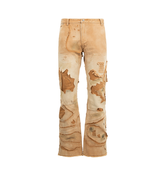 Image 1 of 3 - BROWN - WHO DECIDES WAR Unearthed Distressed Trousers featuring a mid-rise, straight-leg silhouette, extreme distressing, signature cathedral-inspired patches, five-pocket style, zip fly and button closure. 100% cotton.