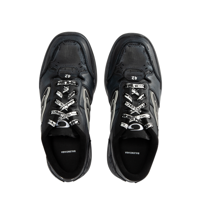 Image 5 of 5 - BLACK - BALENCIAGA Hamptons Worn-Out Sneaker in cowskin and polyester featuring worn-out effect, scribbled laces, raw edge and visible stitching on the upper, Balenciaga logo debossed on the upper, Balenciaga logo embossed on the outsole, 3B sports icon artwork in rubber on each side, loop sports icon logo on the tongue and at back heel and written size debossed on the upper and at back of the heel. Upper: cowskin, polyester. Sole: rubber. Insole: foam. Made in China.