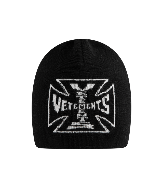 Image 1 of 2 - BLACK - VETEMENTS Biker Cross Logo Beanie featuring skull cap beanie and knit-in logo.
