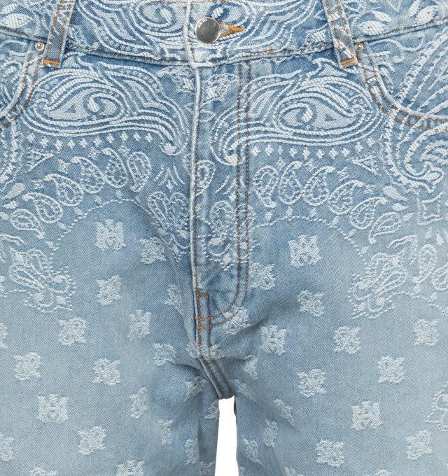 Image 4 of 4 - BLUE - AMIRI Bandana Jacquard Skater Short featuring button fly, 5-pocket design, light fading detail and tonal paisley embroidery throughout. 100% cotton. Made in USA. 