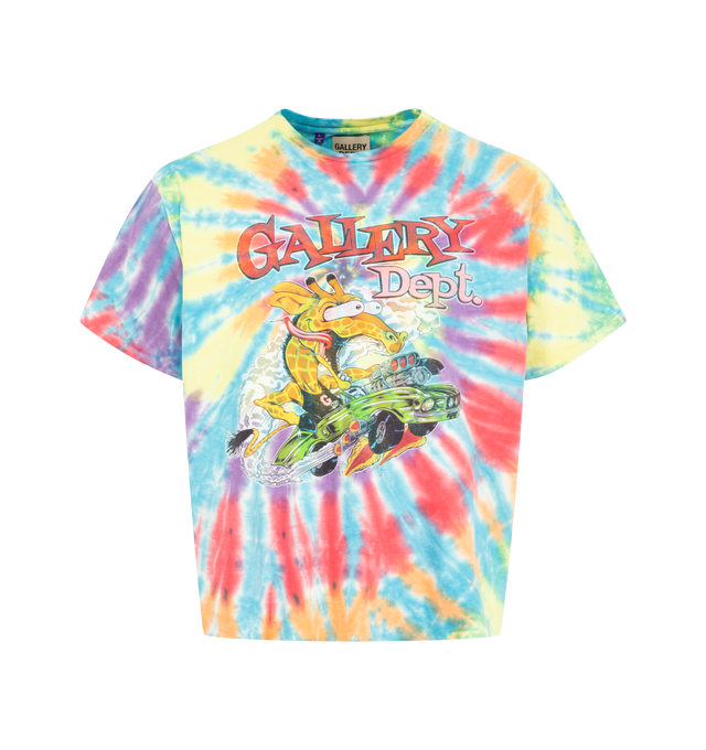 Image 1 of 2 - MULTI - GALLERY DEPT. Rally Tee featuring tie-dye throughout, graphic print on the front, back GD ENGLISH logotype rendered in gold glitter, relaxed 90's fit, short sleeves and crew neck. 100% cotton. Made in USA.