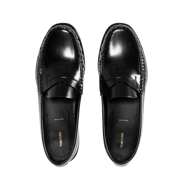 Image 4 of 4 - BLACK - TOM FORD Burnished Leather Loafers featuring patent leather loafers, gathering at moc toe, strap at vamp, buffed leather and suede lining, stacked leather heel and leather sole. Leather. Made in Italy.